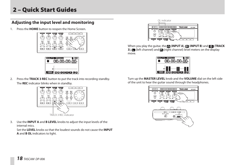 Adjusting the input level and monitoring, 2 – quick start guides | Teac DP-006 User Manual | Page 18 / 104