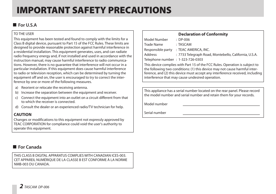 Important safety precautions | Teac DP-006 User Manual | Page 2 / 104