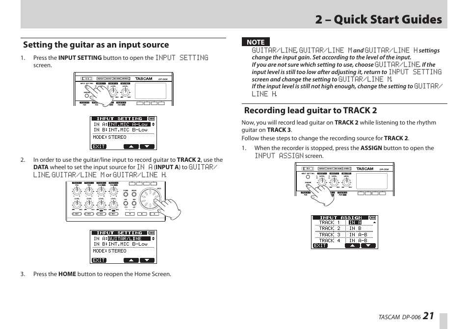 Setting the guitar as an input source, Recording lead guitar to track 2, 2 – quick start guides | Teac DP-006 User Manual | Page 21 / 104