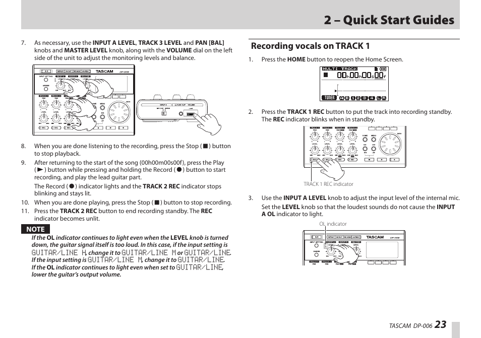 Recording vocals on track 1, 2 – quick start guides | Teac DP-006 User Manual | Page 23 / 104