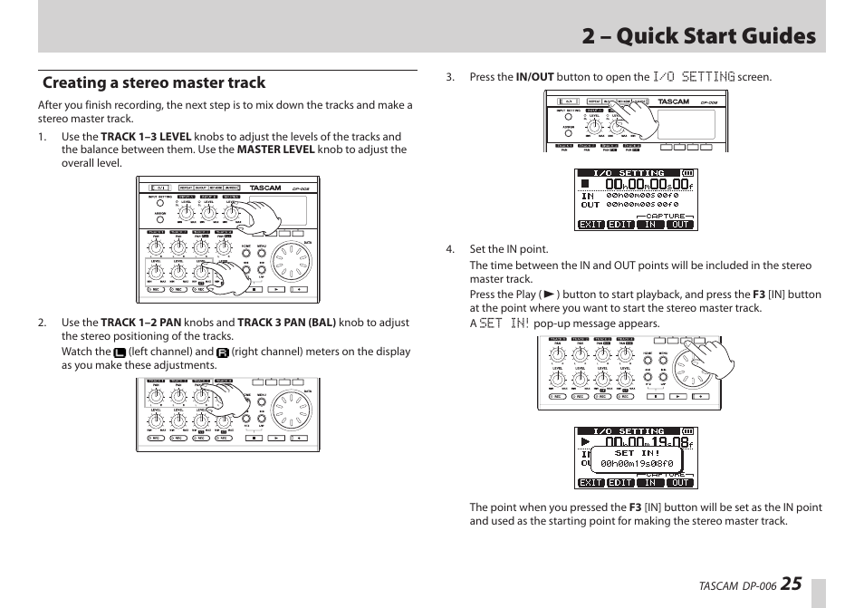 Creating a stereo master track, 2 – quick start guides | Teac DP-006 User Manual | Page 25 / 104