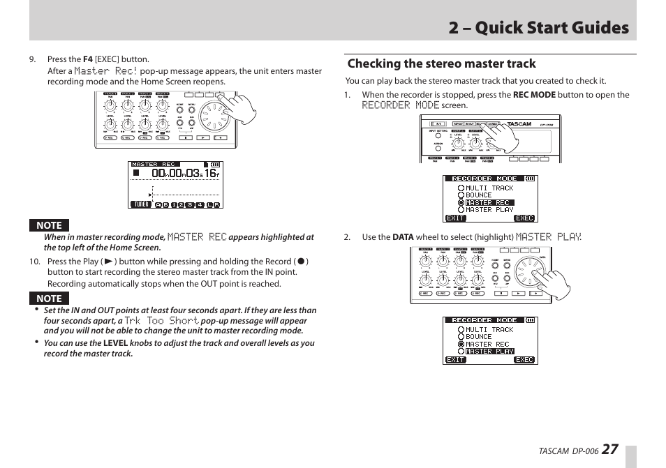 Checking the stereo master track, 2 – quick start guides | Teac DP-006 User Manual | Page 27 / 104