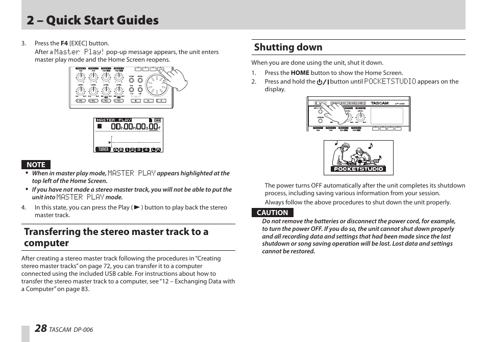 Transferring the stereo master track to a computer, Shutting down, 2 – quick start guides | Teac DP-006 User Manual | Page 28 / 104