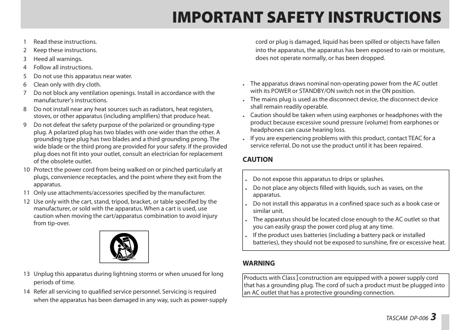 Important safety instructions | Teac DP-006 User Manual | Page 3 / 104