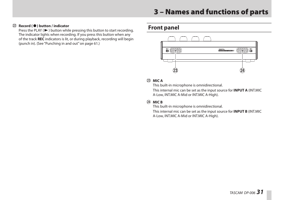 Front panel, 3 – names and functions of parts | Teac DP-006 User Manual | Page 31 / 104