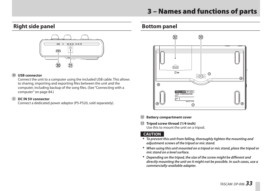 Right side panel, Bottom panel, Right side panel bottom panel | 3 – names and functions of parts | Teac DP-006 User Manual | Page 33 / 104