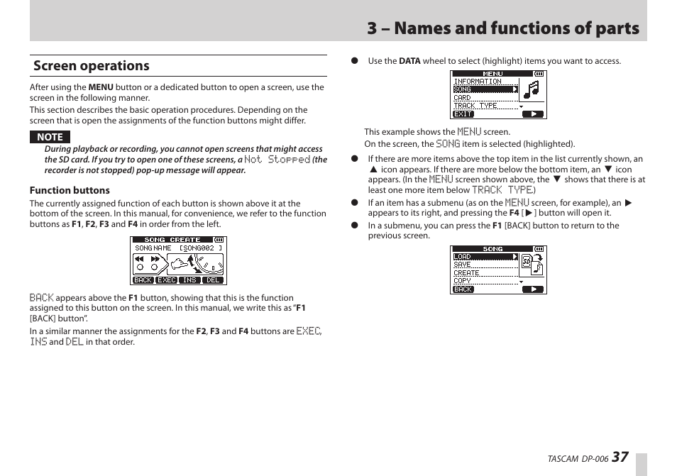 Screen operations, 3 – names and functions of parts | Teac DP-006 User Manual | Page 37 / 104