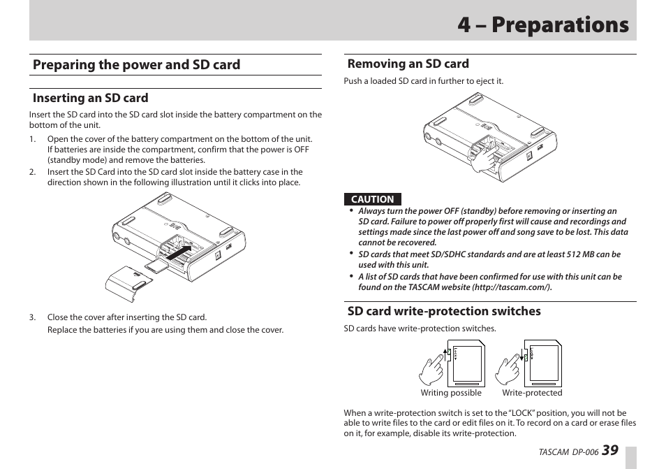 4 – preparations, Preparing the power and sd card, Inserting an sd card | Removing an sd card, Sd card write-protection switches | Teac DP-006 User Manual | Page 39 / 104