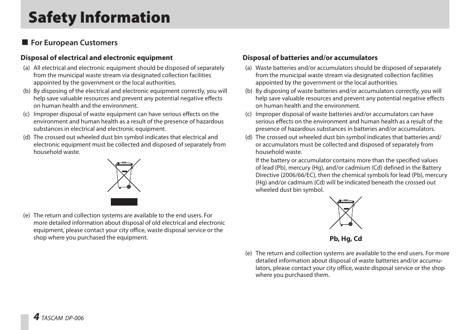 Safety information | Teac DP-006 User Manual | Page 4 / 104