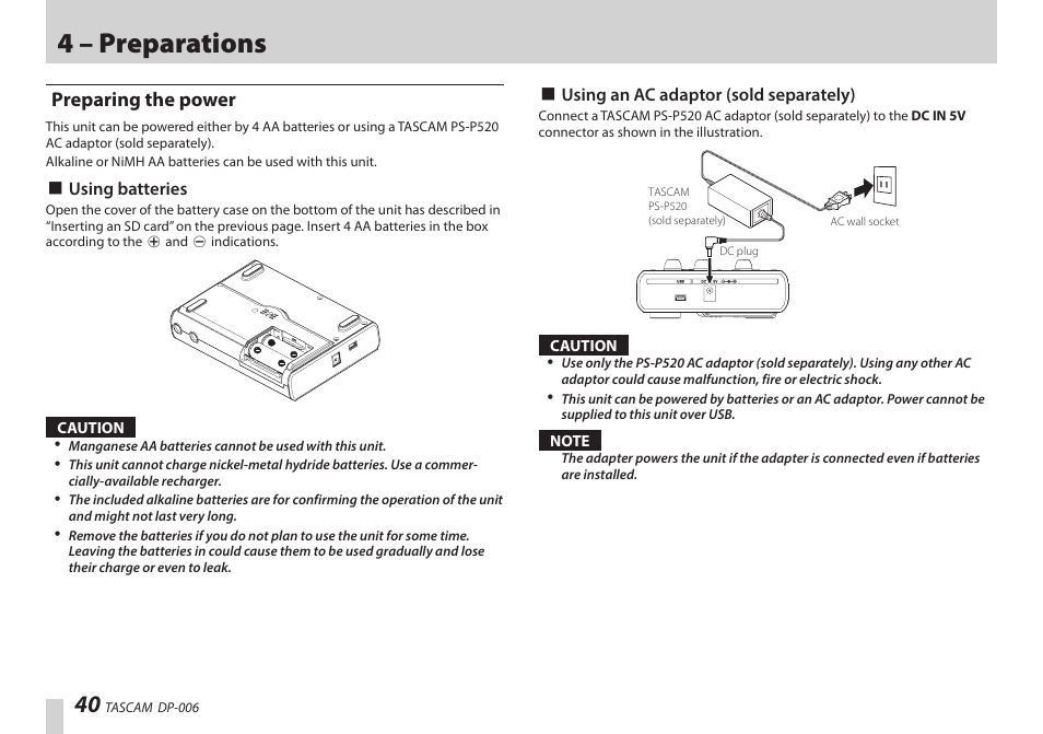 Preparing the power, 4 – preparations | Teac DP-006 User Manual | Page 40 / 104