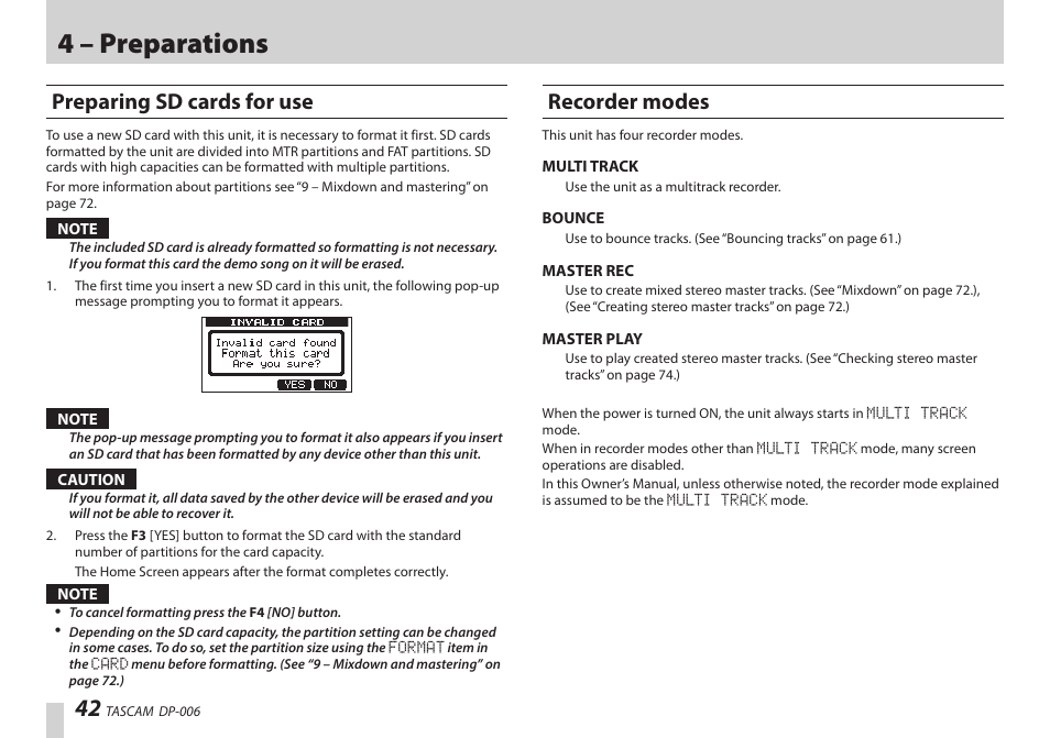 Preparing sd cards for use, Recorder modes, Preparing sd cards for use recorder modes | 4 – preparations | Teac DP-006 User Manual | Page 42 / 104