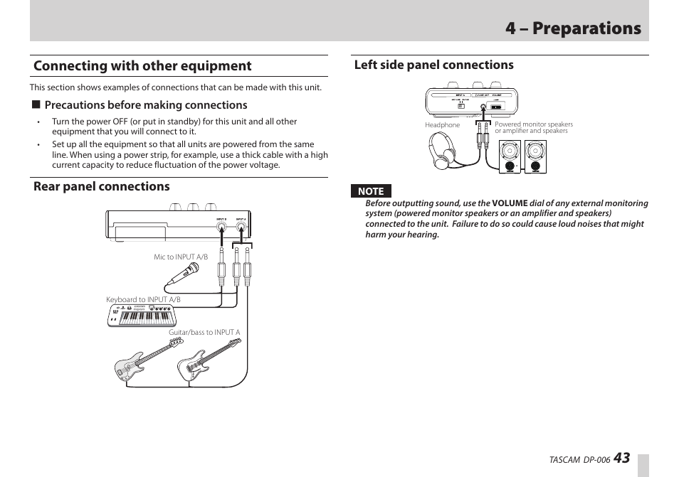 Connecting with other equipment, Rear panel connections, Left side panel connections | Rear panel connections left side panel connections, 4 – preparations | Teac DP-006 User Manual | Page 43 / 104