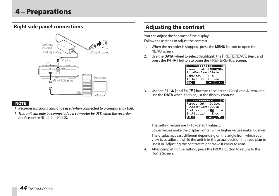 Right side panel connections, Adjusting the contrast, 4 – preparations | Teac DP-006 User Manual | Page 44 / 104