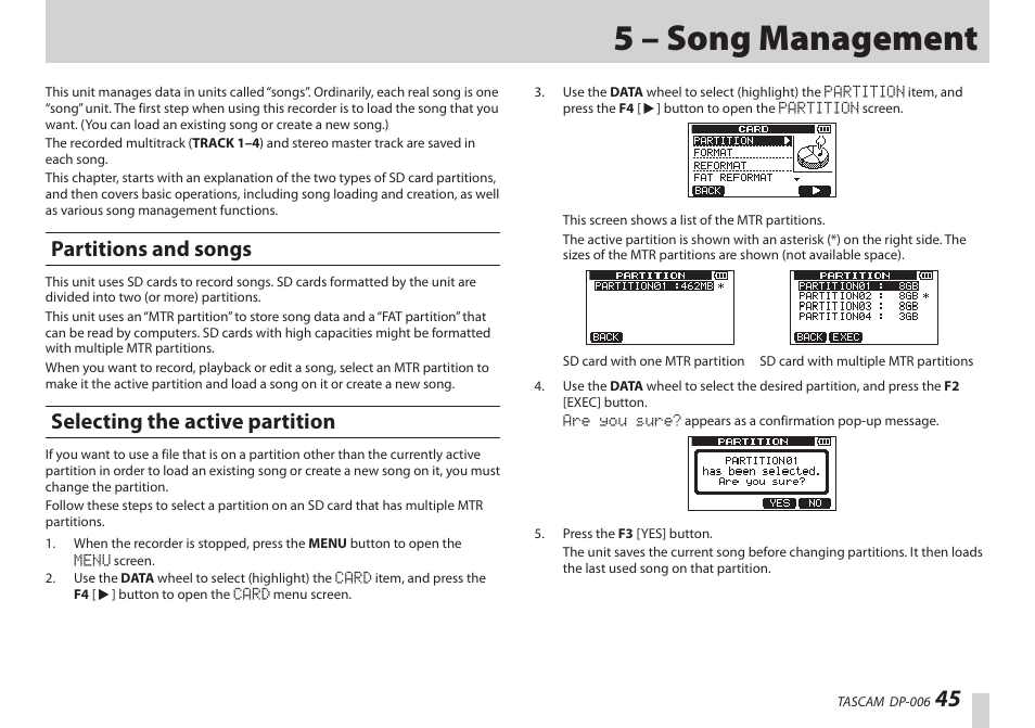 5 – song management, Partitions and songs, Selecting the active partition | Teac DP-006 User Manual | Page 45 / 104