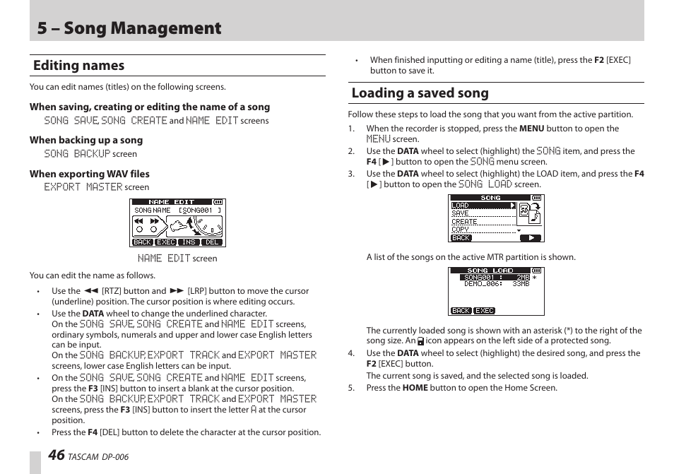 Editing names, Loading a saved song, Editing names loading a saved song | 5 – song management | Teac DP-006 User Manual | Page 46 / 104