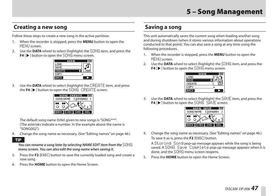 Creating a new song, Saving a song, Creating a new song saving a song | 5 – song management | Teac DP-006 User Manual | Page 47 / 104