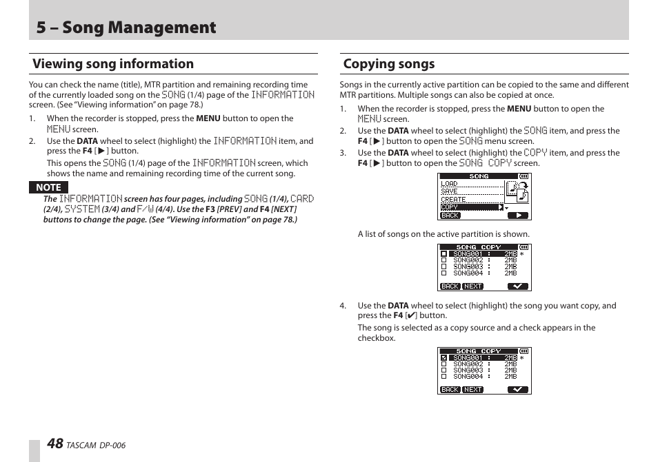 Viewing song information, Copying songs, Viewing song information copying songs | 5 – song management | Teac DP-006 User Manual | Page 48 / 104