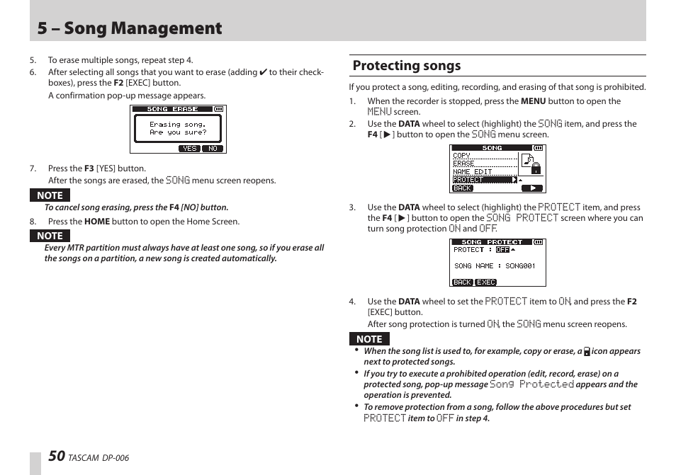 Protecting songs, 5 – song management | Teac DP-006 User Manual | Page 50 / 104