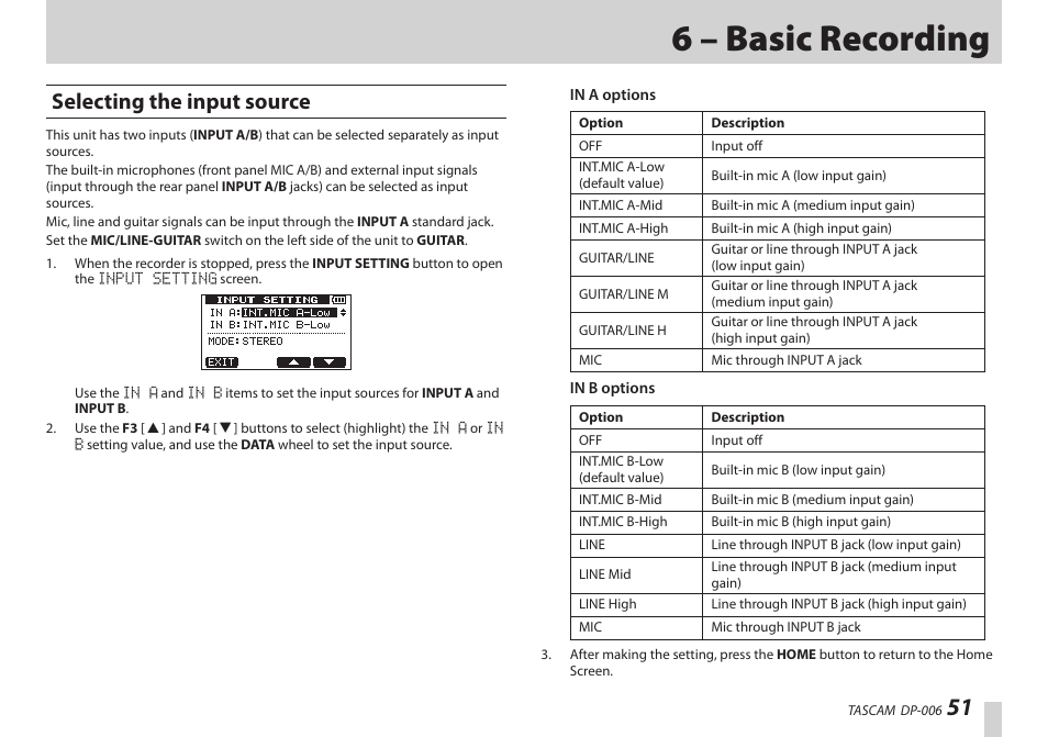 6 – basic recording, Selecting the input source | Teac DP-006 User Manual | Page 51 / 104