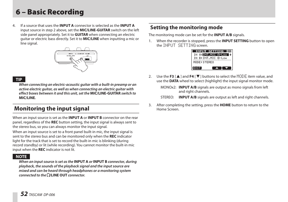 Monitoring the input signal, Setting the monitoring mode, 6 – basic recording | Teac DP-006 User Manual | Page 52 / 104