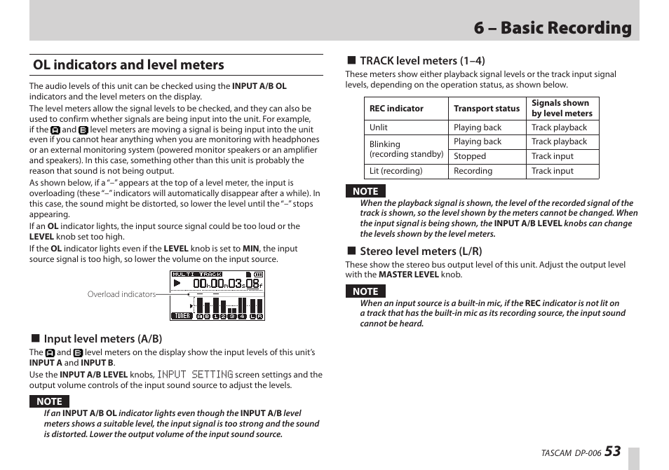 Ol indicators and level meters, 6 – basic recording | Teac DP-006 User Manual | Page 53 / 104