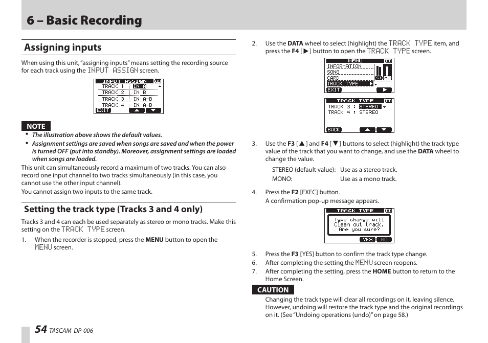 Assigning inputs, Setting the track type (tracks 3 and 4 only), 6 – basic recording | Teac DP-006 User Manual | Page 54 / 104