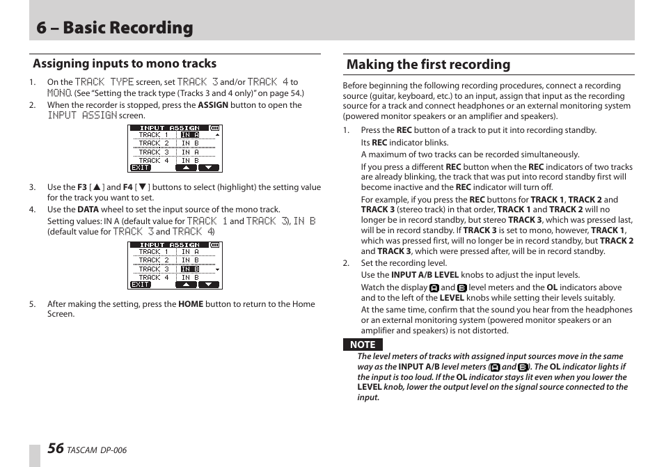 Assigning inputs to mono tracks, Making the first recording, Ee “making | 6 – basic recording | Teac DP-006 User Manual | Page 56 / 104