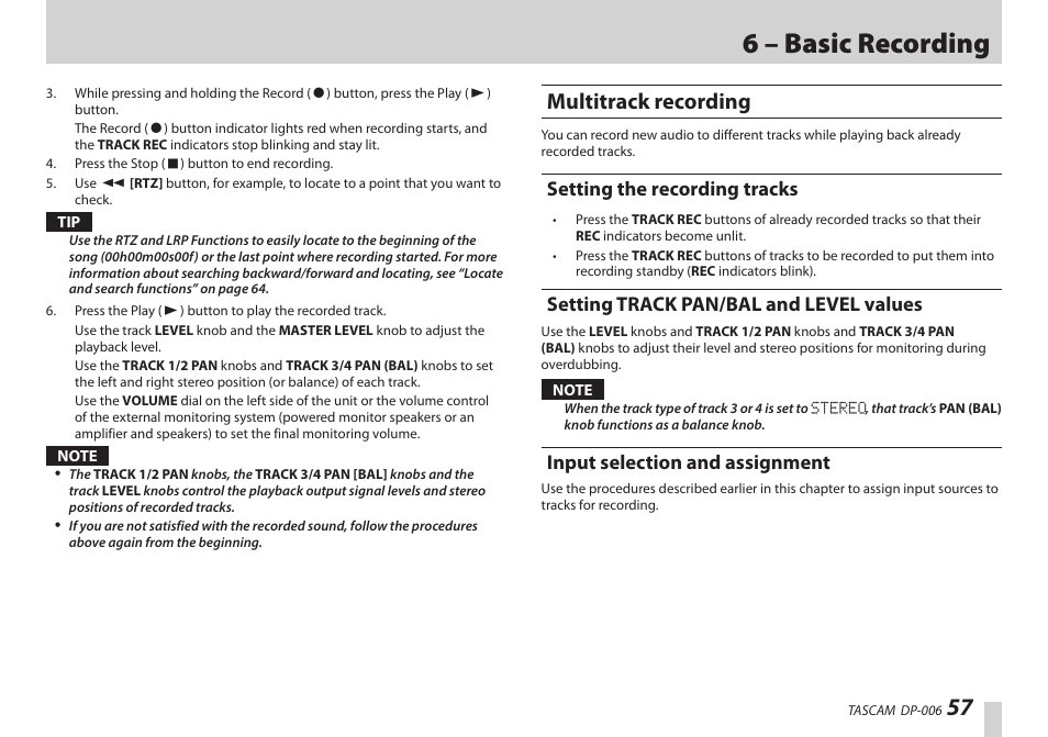 Multitrack recording, Setting the recording tracks, Setting track pan/bal and level values | Input selection and assignment, 6 – basic recording | Teac DP-006 User Manual | Page 57 / 104