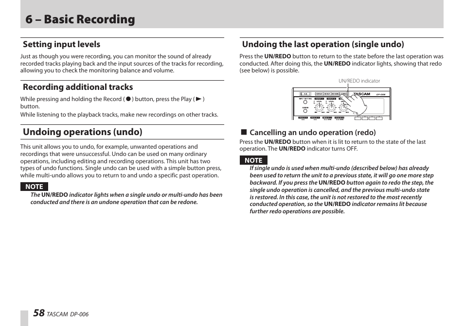 Setting input levels, Recording additional tracks, Undoing operations (undo) | Undoing the last operation (single undo), Setting input levels recording additional tracks, 6 – basic recording | Teac DP-006 User Manual | Page 58 / 104