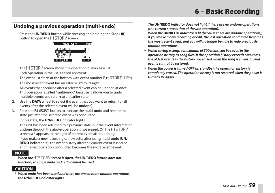 Undoing a previous operation (multi-undo), 6 – basic recording | Teac DP-006 User Manual | Page 59 / 104