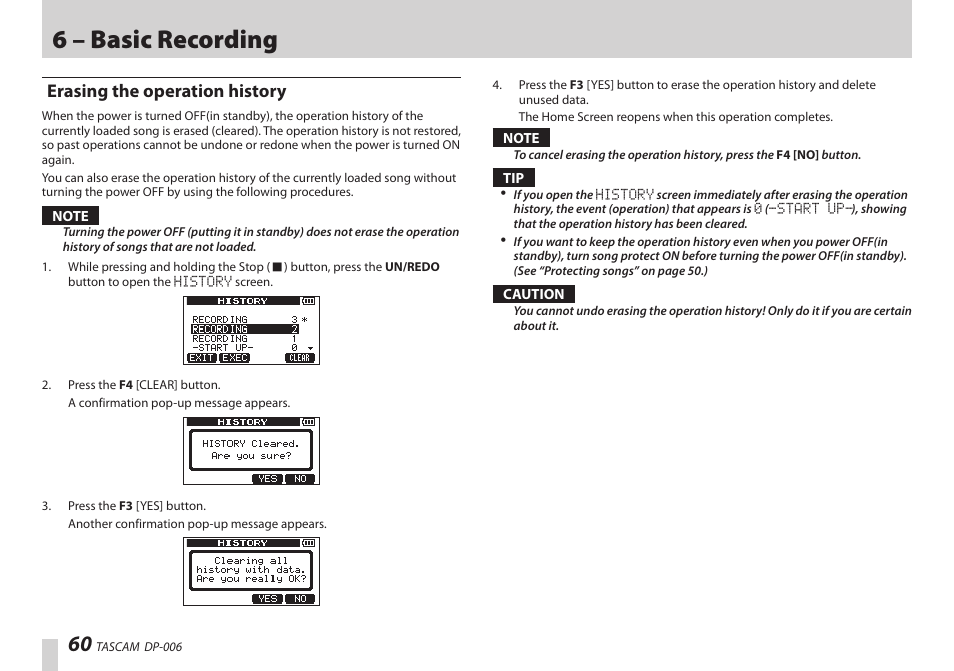 Erasing the operation history, 6 – basic recording | Teac DP-006 User Manual | Page 60 / 104