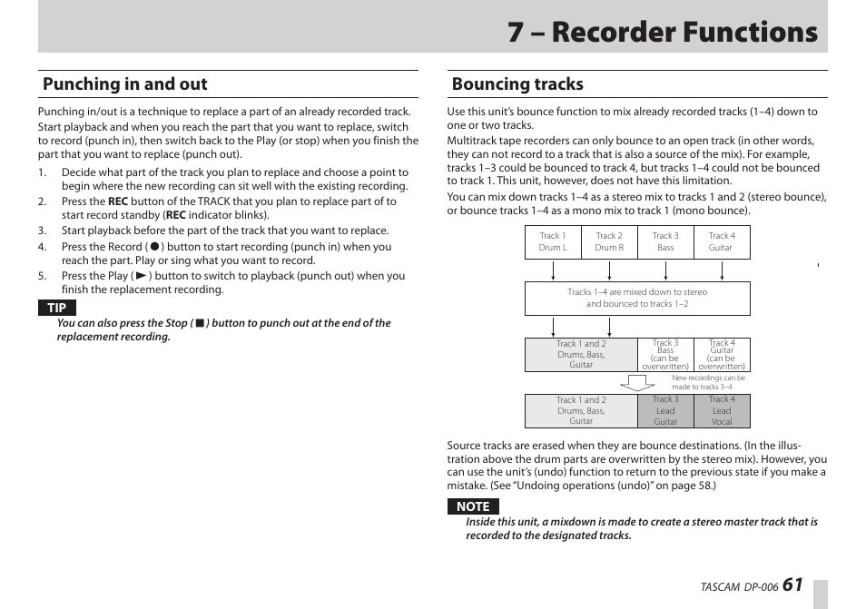 7 – recorder functions, Punching in and out, Bouncing tracks | Punching in and out bouncing tracks | Teac DP-006 User Manual | Page 61 / 104