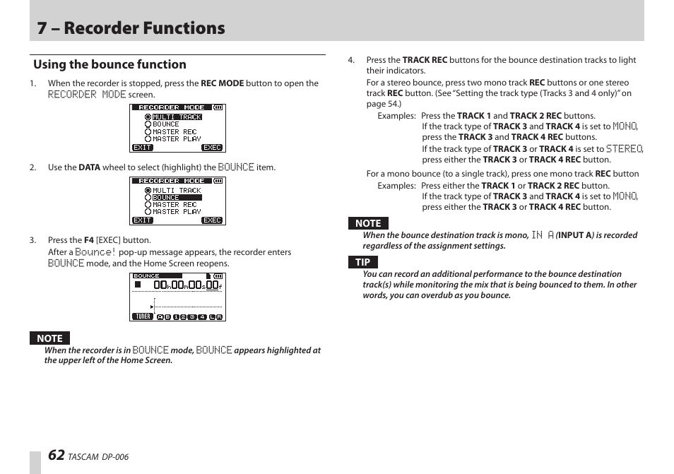 Using the bounce function, 7 – recorder functions | Teac DP-006 User Manual | Page 62 / 104
