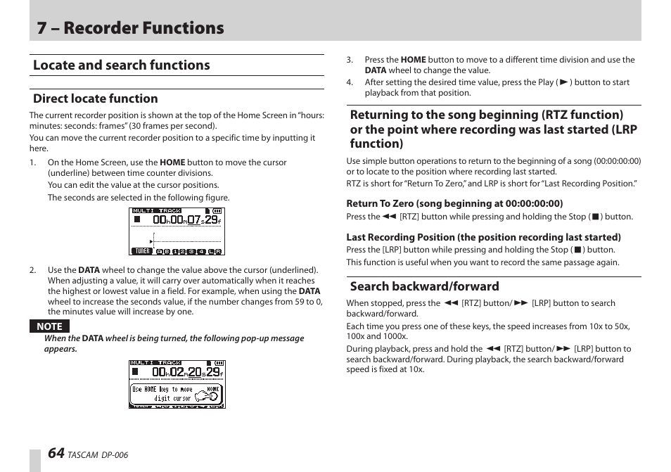 Locate and search functions, Direct locate function, Search backward/forward | Ee “direct locate, 7 – recorder functions | Teac DP-006 User Manual | Page 64 / 104