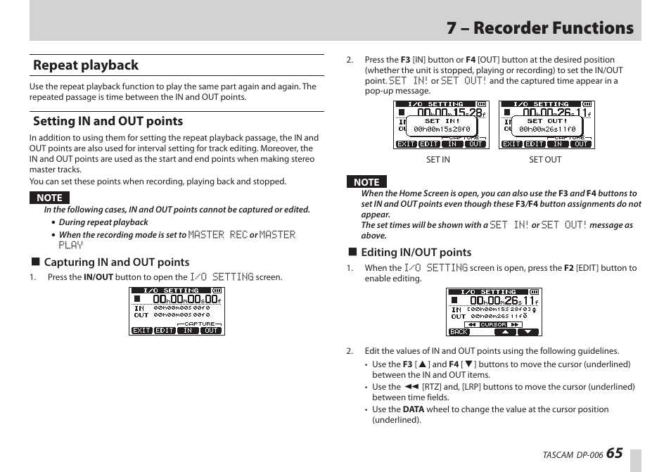 Repeat playback, Setting in and out points, Ee “repeat playback” on | 7 – recorder functions | Teac DP-006 User Manual | Page 65 / 104