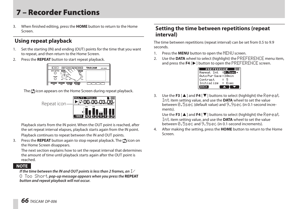 Using repeat playback, 7 – recorder functions | Teac DP-006 User Manual | Page 66 / 104