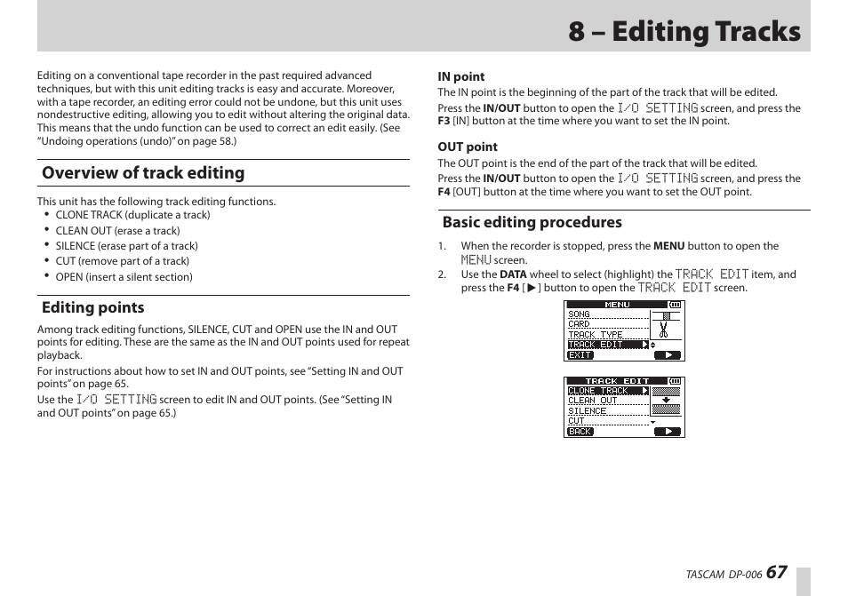 8 – editing tracks, Overview of track editing, Editing points | Basic editing procedures, Editing points basic editing procedures | Teac DP-006 User Manual | Page 67 / 104