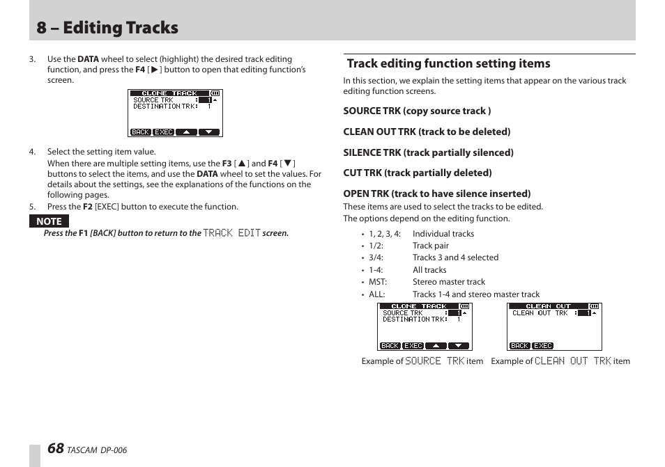 Track editing function setting items, 8 – editing tracks | Teac DP-006 User Manual | Page 68 / 104