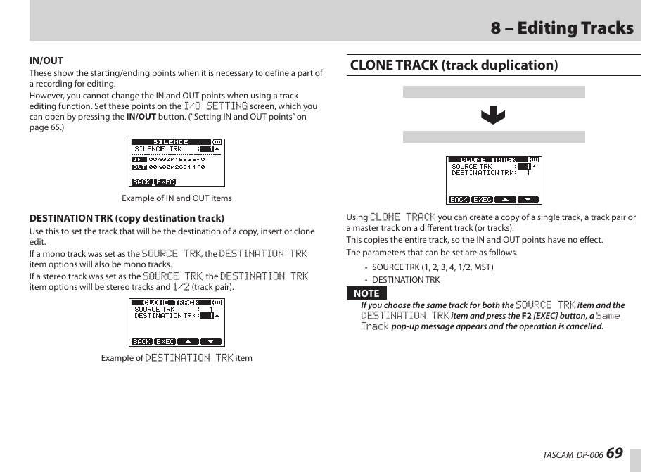 Clone track (track duplication), 8 – editing tracks | Teac DP-006 User Manual | Page 69 / 104