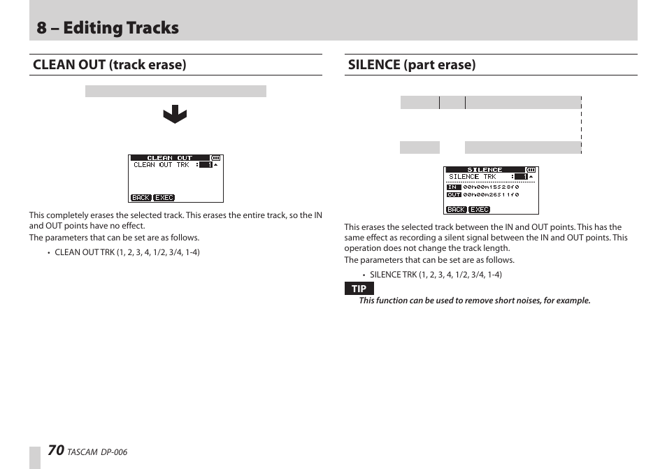 Clean out (track erase), Silence (part erase), Clean out (track erase) silence (part erase) | 8 – editing tracks | Teac DP-006 User Manual | Page 70 / 104