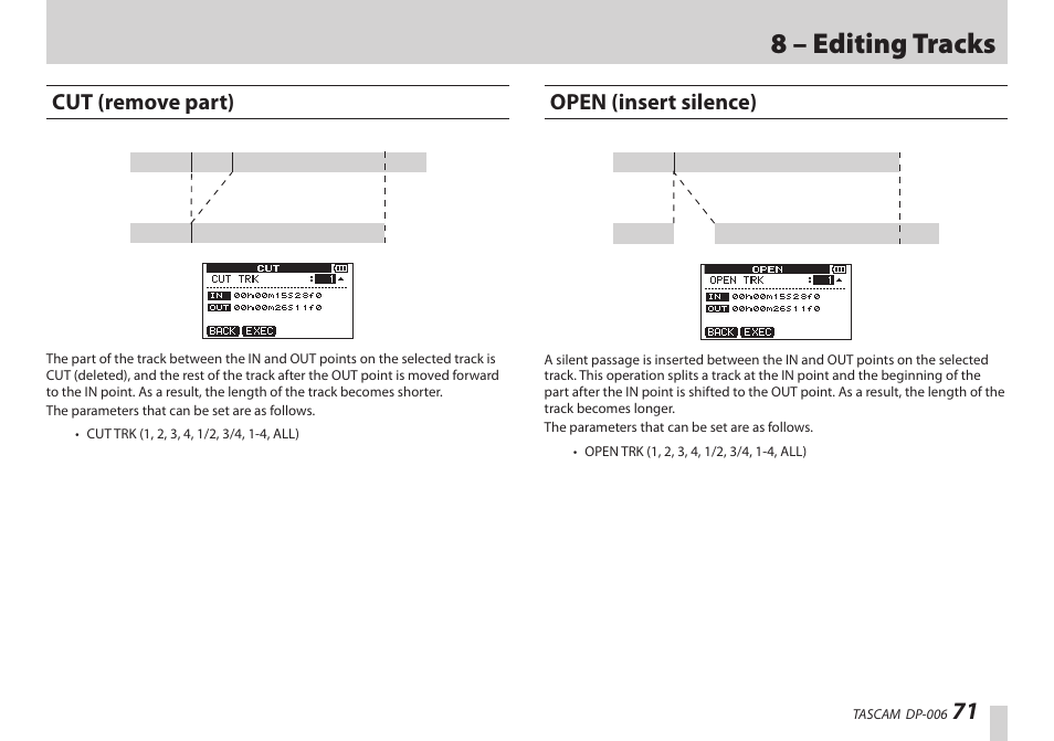 Cut (remove part), Open (insert silence), Cut (remove part) open (insert silence) | 8 – editing tracks | Teac DP-006 User Manual | Page 71 / 104