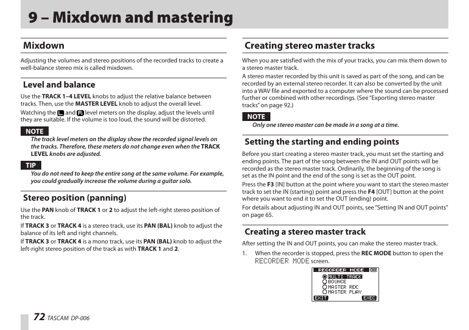 9 – mixdown and mastering, Mixdown, Level and balance | Stereo position (panning), Creating stereo master tracks, Setting the starting and ending points, Creating a stereo master track, Level and balance stereo position (panning), Es in “creating, Stereo | Teac DP-006 User Manual | Page 72 / 104