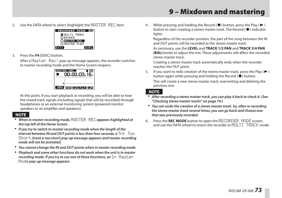 9 – mixdown and mastering | Teac DP-006 User Manual | Page 73 / 104