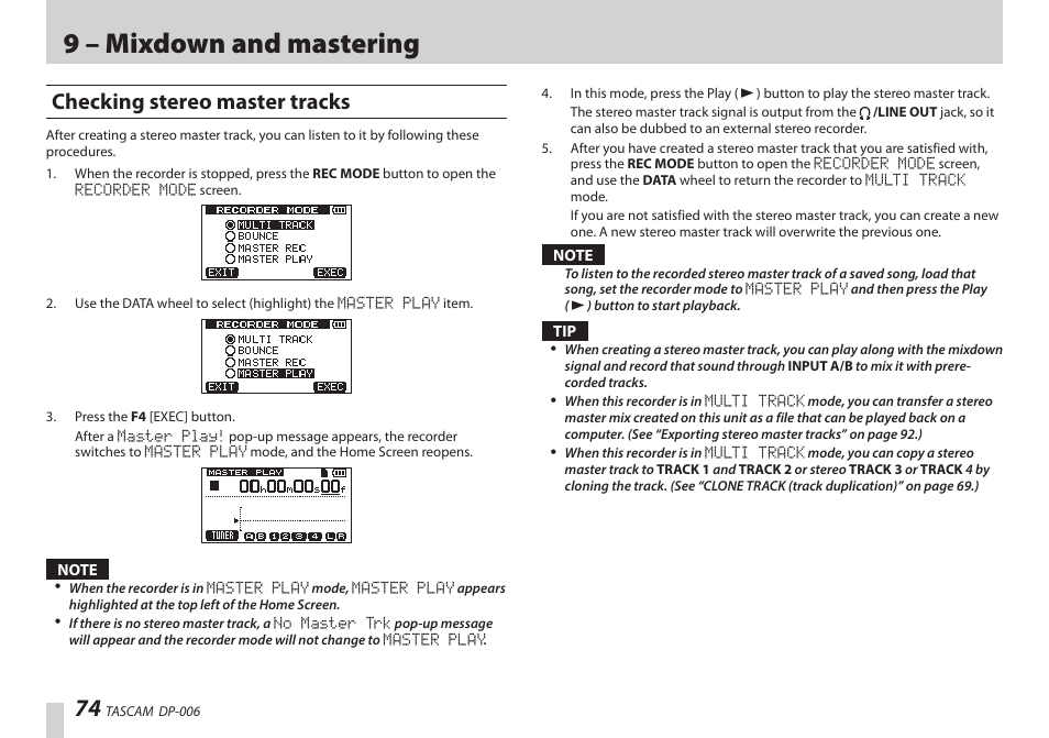 Checking stereo master tracks, Ee “checking stereo master, 9 – mixdown and mastering | Teac DP-006 User Manual | Page 74 / 104