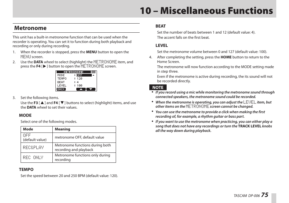 10 – miscellaneous functions, Metronome | Teac DP-006 User Manual | Page 75 / 104