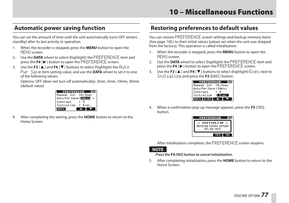 Automatic power saving function, Restoring preferences to default values, 10 – miscellaneous functions | Teac DP-006 User Manual | Page 77 / 104