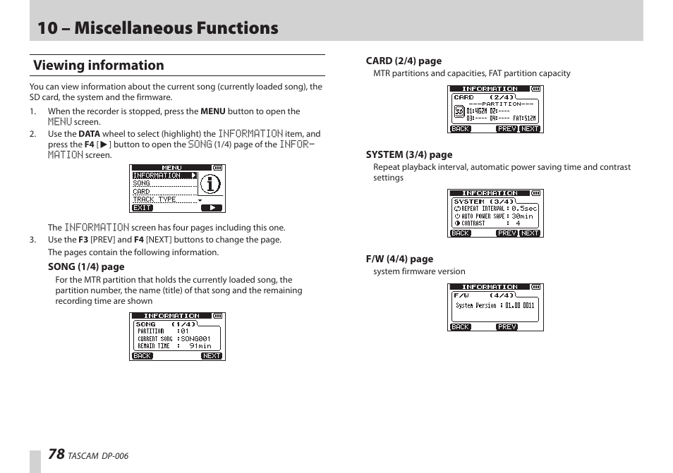 Viewing information, 10 – miscellaneous functions | Teac DP-006 User Manual | Page 78 / 104