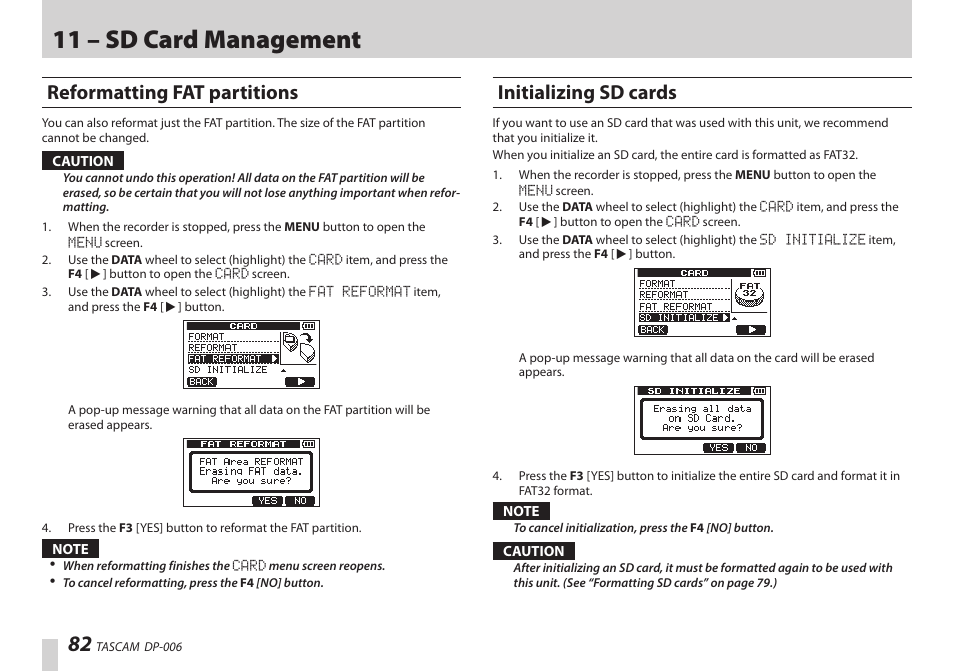 Reformatting fat partitions, Initializing sd cards, Reformatting fat partitions initializing sd cards | 11 – sd card management | Teac DP-006 User Manual | Page 82 / 104