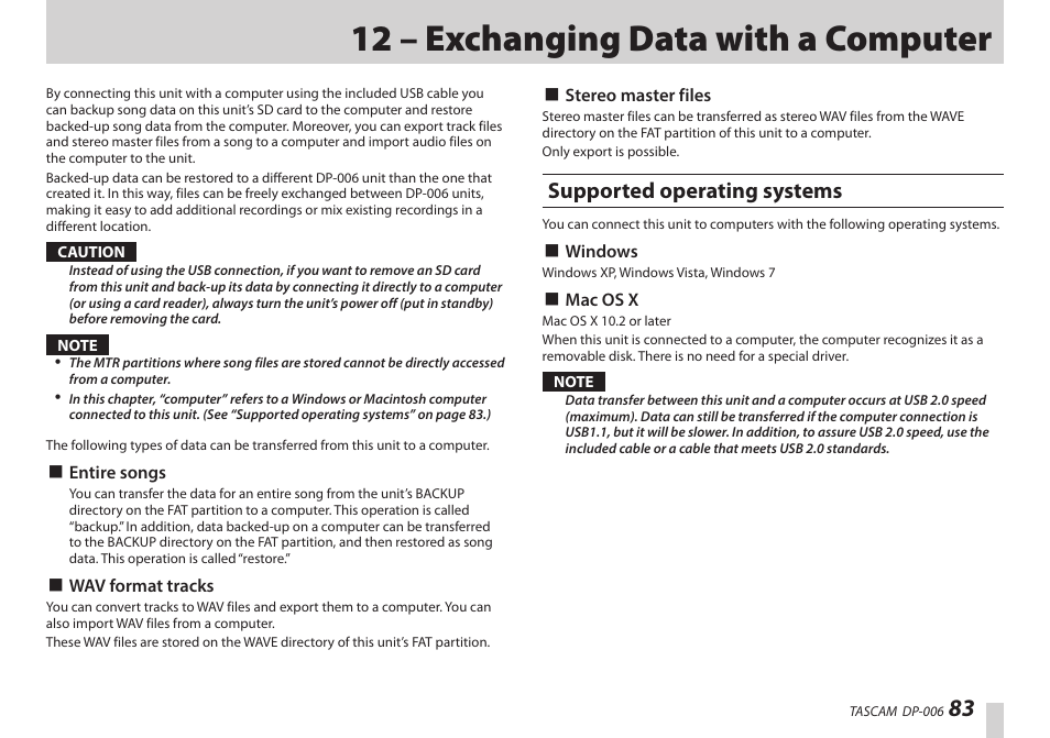 12 – exchanging data with a computer, Supported operating systems, See “12 – exchanging data with | Teac DP-006 User Manual | Page 83 / 104