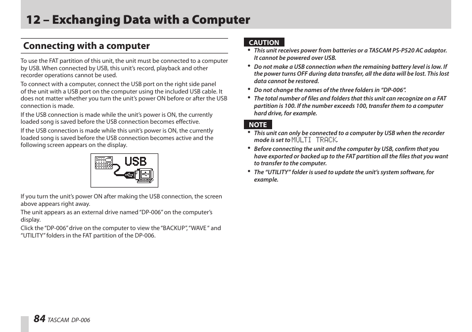 Connecting with a computer, E “connecting with a, 12 – exchanging data with a computer | Teac DP-006 User Manual | Page 84 / 104